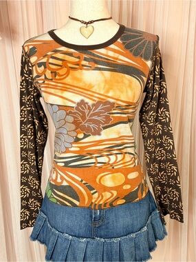 Vintage Y2K Made in Spain Abstract Floral Mesh Top Long Sleeve